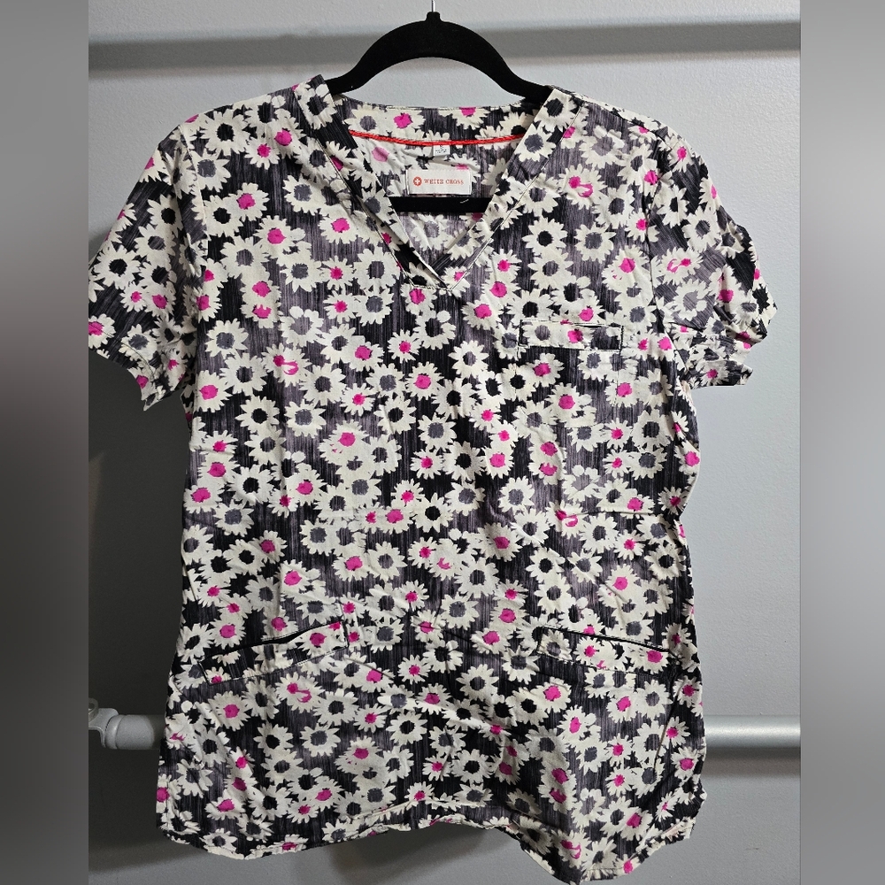 Black And Pink Floral Print Women's Scrub Top